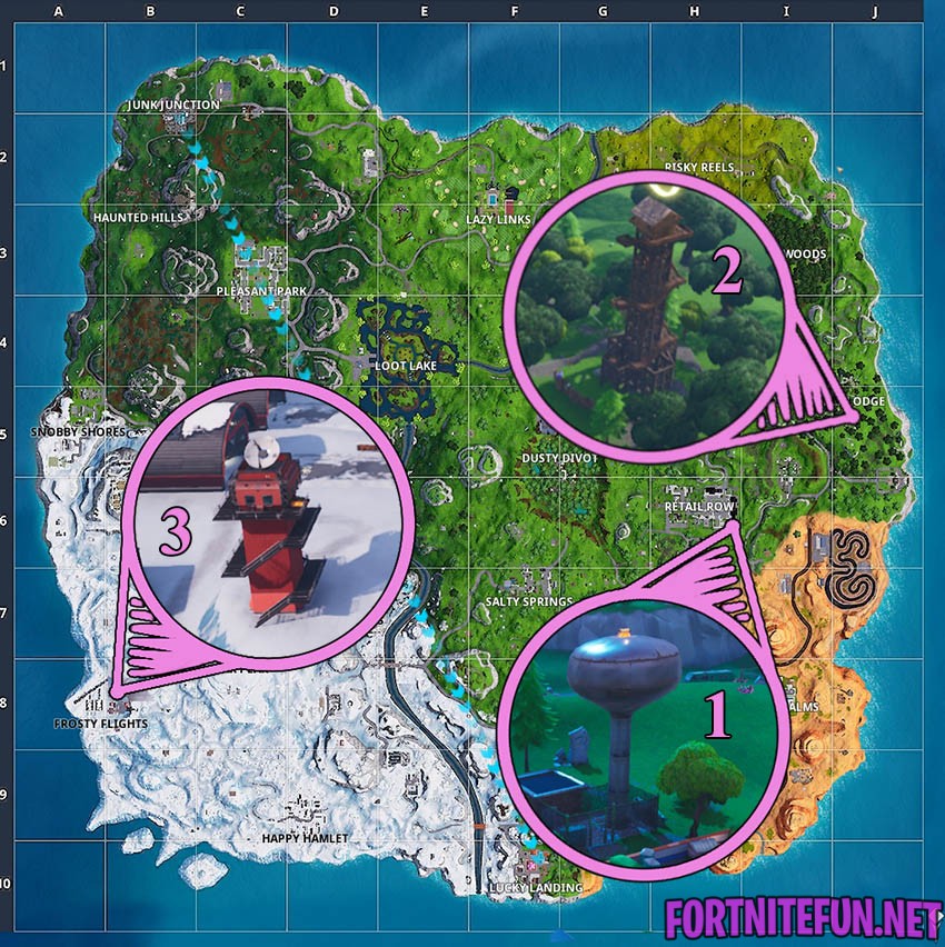 a simple task if you know the exact location of the necessary points follow our map land in the indicated areas press e and dance - fortnite ranger tower location map