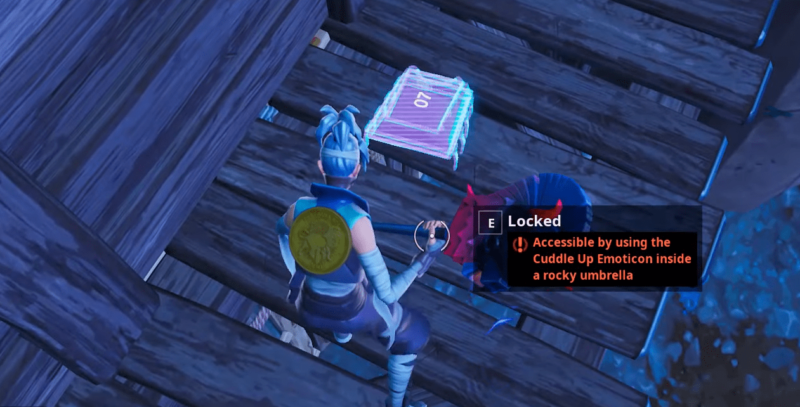 Fortbyte challenges: Accessible by using the cuddle up emoticon inside a rocky umbrella  