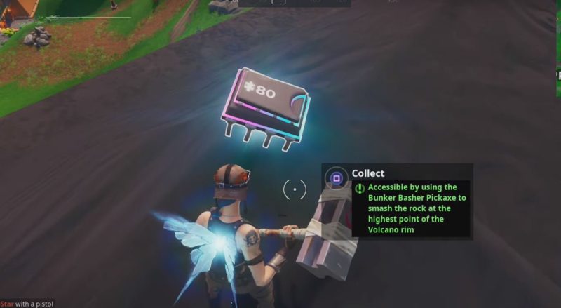 Fortbyte challenges: Accessible by using the Bunker Basher Pickaxe to smash the rock at the highest point of the volcano rim 