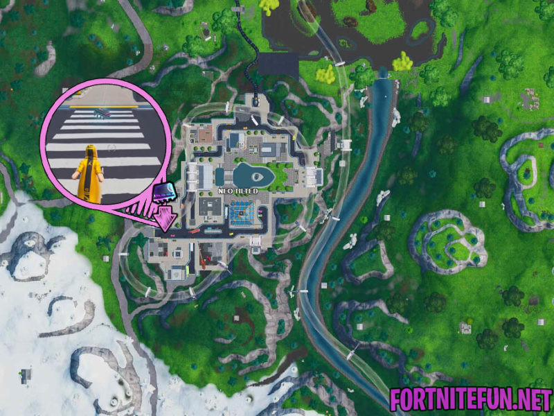 Fortbyte challenges: Accessible by using the Cluck Strut to cross the road in front of Peely's Banana Stand 